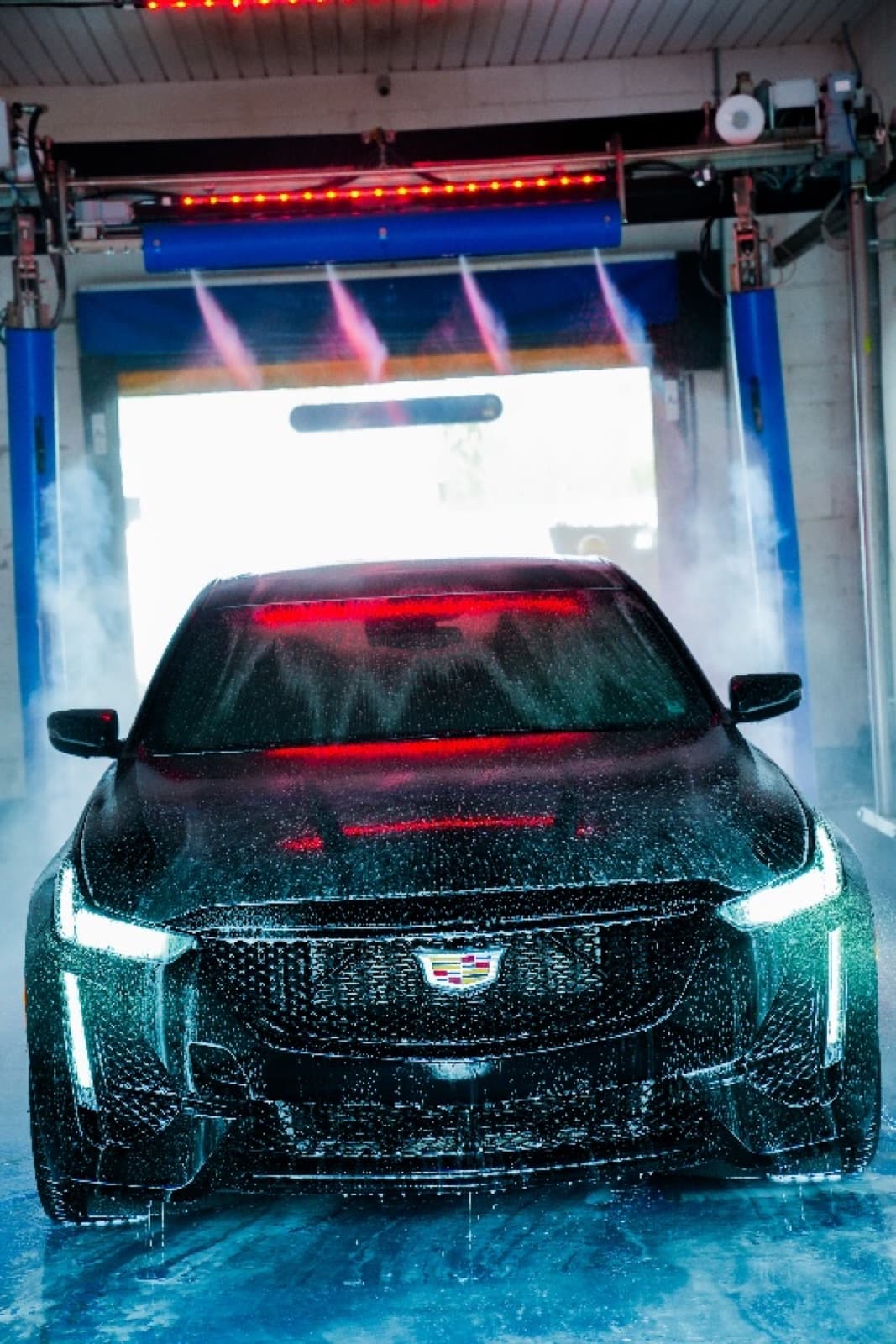 Black car covered in polymer cleaning foam inside an Al's Super Wash touchless bay